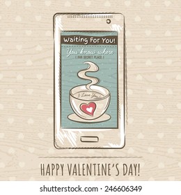 valentine card with smart phone,  vector illustration