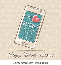 valentine card with smartphone and red  heart,  vector illustration