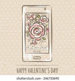 valentine card with smartphone and roses,  vector illustration