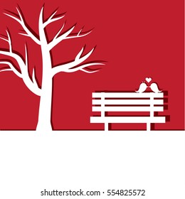 valentine card with snow, leafless tree, and coupled bird on a bench