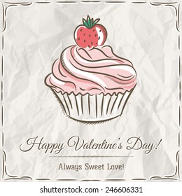 valentine card with  strawberry cupcake ,  vector illustration