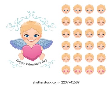 Valentine Card Template with Cute Cartoon Cupid Holding Heart and Collection of Faces in Different Moods Cartoon Character Vector