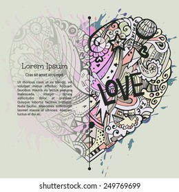 Valentine card template with doodle graphic colorful heart and paint splashes. Creative design for text block 