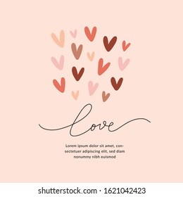 Valentine card template with hand drawn heart shape doodles and lettering word love. Elegant modern design, pre-made layout in trendy warm colors, good as banner or gift card, love and romance concept