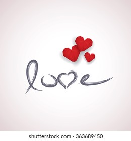 Valentine card template with handwritten word love and red low poly 3d hearts on white string. Eps10 vector illustration.