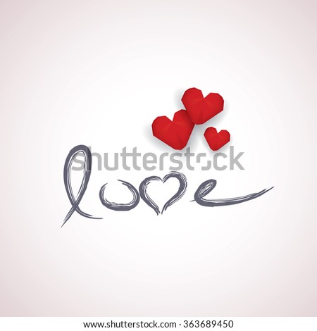 Valentine Card Template With Handwritten Word Love And Red Low Poly D Hearts On White String Valentine Card Template With Handwritten Word Love And Red Low Poly D Hearts On White String