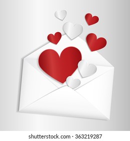 Valentine card template, opened envelope with cut paper hearts flying out. Vector illustration in eps10 format.