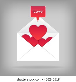Valentine card template, opened envelope with cut hearts and speech bubble with word Love