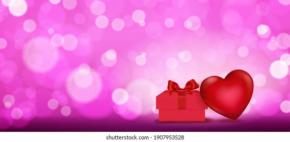 Valentine card template. panoramic image of red heart with surprise box  on bokeh background. Concept for valentine's day greeting card, banner, poster in vector illustration