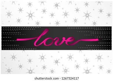 Valentine card template - pattern and black background, pink ribbon twisted in form of handwritten word love. For charming and elegant Valentine cards and wedding invitations. Vector illustration