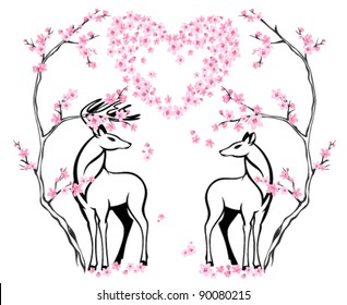 valentine card with two beautiful deers and blossoming tree