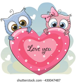 Valentine card with two cute Lovers Owls