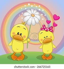 Valentine card with two Ducks on a meadow 