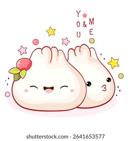 Valentine card with two dumpling characters kawaii style with smiling faces. Greeting card with cute Japanese traditional cuisine dishes. You and me. Can be used for t-shirt print, sticker. Vector EPS