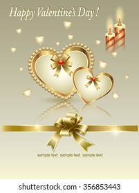 Valentine card with two golden hear on golden background Note to editor:Indexing language: