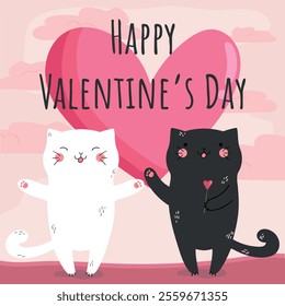 Valentine card with two hand drawn cats in love with heart on pink sunset background. Vector illustration