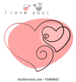 Valentine card. two hearts with  birds on pink background, and text -  I love you. Vector illustration