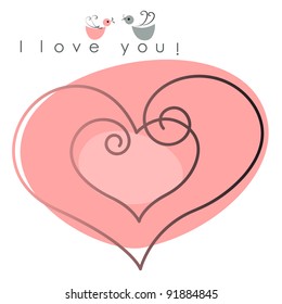 Valentine card. two hearts with  birds on pink background, and text -  I love you. Vector illustration