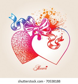 Valentine card with two hearts, bow and ribbons on a beige background. Hand drawn illustration, vector.