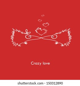 Valentine card with two hedgehogs in crazy love.Image on red background,vector.