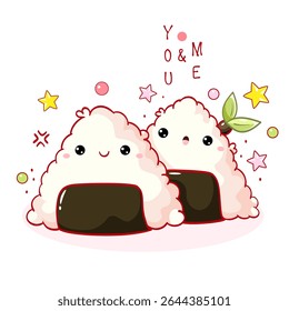 Valentine card with two Onigiri characters kawaii style with smiling faces. Greeting card with cute Japanese traditional cuisine dishes. You and me. Can be used for t-shirt print, sticker. Vector EPS8
