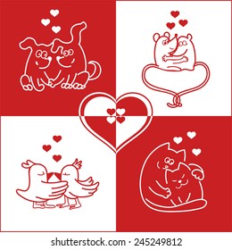 Valentine, card Valentine's Day with four couples of cute animals. In a stylized manner, outline drawings, used the red and white colors.