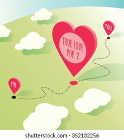 Valentine Card. Vector design with aerial view map, heart and map icons.