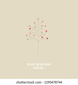 Valentine card vector template with tree and little hearts. Romantic adorable minimalist cartoon. Love symbol. Eps10 vector illustration.