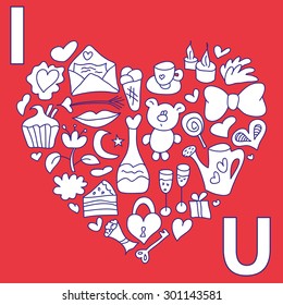 Valentine card in white and red colors. Isolated objects in heart shape. Romantic illustration in vector.