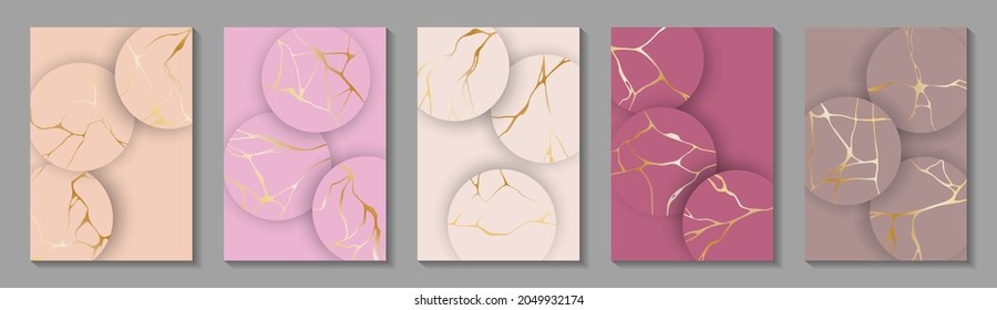 Valentine cards cold kintsugi vector patterns set. Japanese art of repairing broken pottery. Valentine's Day card backgrounds collection with broken line cracks. Gold patterns kintsugi restoration.