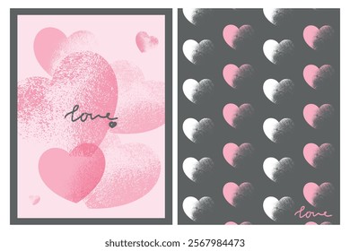 Valentine cards concept. Pink textured hearts and hand drawn lettering word Love on gray background. Invitation, poster, postcard, cover template. Vector illustration