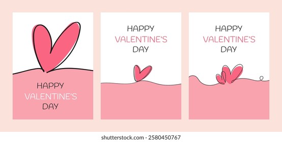 Valentine cards one line continuous shape hearts. Vector love cover backgrounds, love card templates