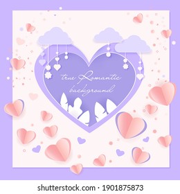 Valentine cards with paper design, contain pink and purple hearts and clouds held by a sting on top, the soft pink background feels fluffy in the air