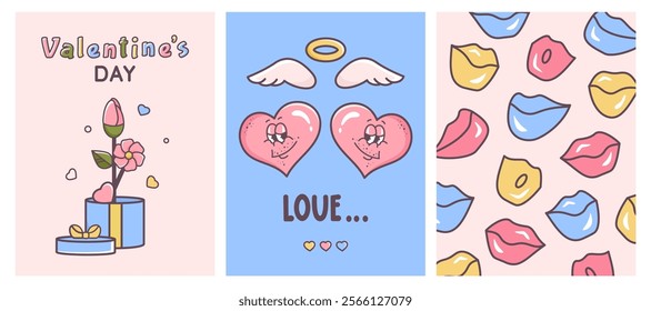 Valentine cards set. LGBT love couples. Homosexual love. Retro valentine posters in 60s 70s style. Groovy cartoon hearts, flower in giftbox, kiss pattern. Kissing lips background. Vector illustration