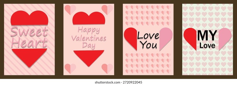 Conjunto de tarjetas de San Valentín. Conjunto de Plantilla de tipografía de forma de amor. cada uno con un corazón rojo y mensajes amorosos