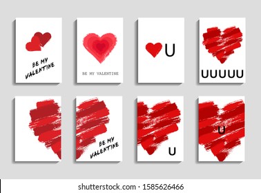 Valentine cards set. Vector painted hearts on white backgrounds. Red symbols of love. Grunge brush strokes texture. Be my Valentine words. Romantic greeting. I love you collection