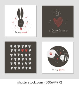 Valentine Cards - Vector illustration. Cards with rabbit, carrot, bee, flower and other hand drawn drawings a valentine inscription.