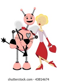 Valentine Cartoon of blonde female leaning in to kiss pink robot cupid