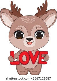 Valentine Cartoon Deer Holding Love Text Vector