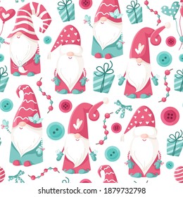 Valentine cartoon gnome seamless pattern - cute valentine day characters for kids, nursery dwarfs endless digital paper in pink and peppermint color, background for textile, scrapbooking, wrapping