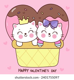 Valentine cat couple cute cartoon in heart balloon (kitten playing). Series: love festival kawaii animals. Perfect make a wish for anniversary fairy tale book, celebration party children, greeting.