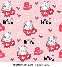 Gato de San Valentín en una taza sin fisuras. Concepto de San Valentín