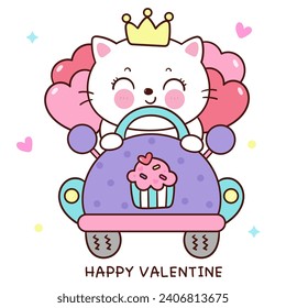 Valentine cat cute cartoon drive car delivery heart balloon (kitten playing). Series: love festival kawaii animals. Perfect make a wish for anniversary fairy tale book, celebration party children.