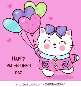 Valentine cat cute cartoon holding heart balloons (kitten playing). Series: love festival kawaii animals. Perfect make a wish for anniversary fairy.