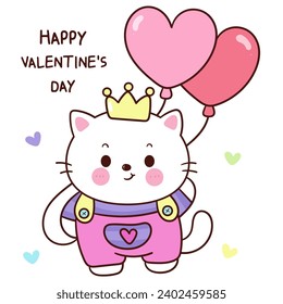 Valentine cat cute cartoon holding heart balloons (kitten playing). Series: love festival kawaii animals. Perfect make a wish for anniversary fairy.