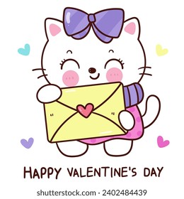 Valentine cat cute cartoon holding love letter (kitten playing). Series: love festival kawaii animals. Perfect make a wish for anniversary fairy tale.