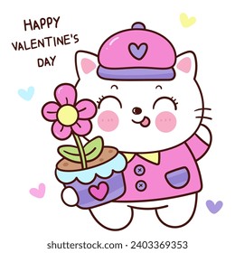 Valentine cat cute cartoon holding flower pot (kitten playing). Series: love festival kawaii animals. Perfect make a wish for anniversary fairy tale.