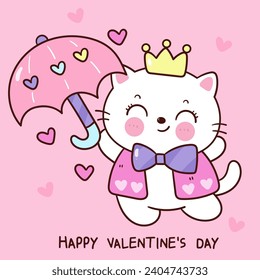 Valentine cat cute cartoon holding umbrella with heart (kitten playing). Series: love festival kawaii animals. Perfect make a wish for anniversary.