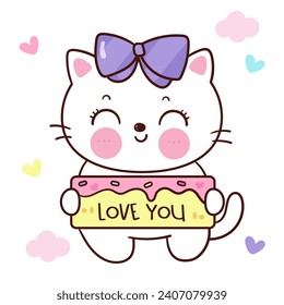 Valentine cat cute cartoon holding love you label (kitten playing). Series: love festival kawaii animals. Perfect make a wish for anniversary fairy.