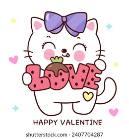 Caricatura del gato de San Valentín con la etiqueta de fresa del amor dulce (juego de gatitos). Serie: el festival de amor los animales kawaii. Perfecto hacer un deseo.